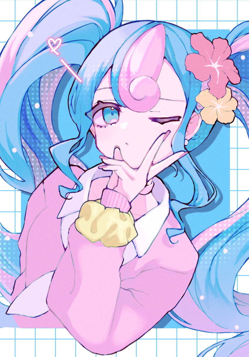 1girl cardigan earrings fairy_miku_(project_voltage) flower hair_flower hair_ornament hatsune_miku heart highres jewelry katorea long_hair looking_at_viewer multicolored_hair nail_polish one_eye_closed pink_cardigan pink_nails pokemon project_voltage scrunchie twintails two-tone_hair very_long_hair vocaloid wrist_scrunchie