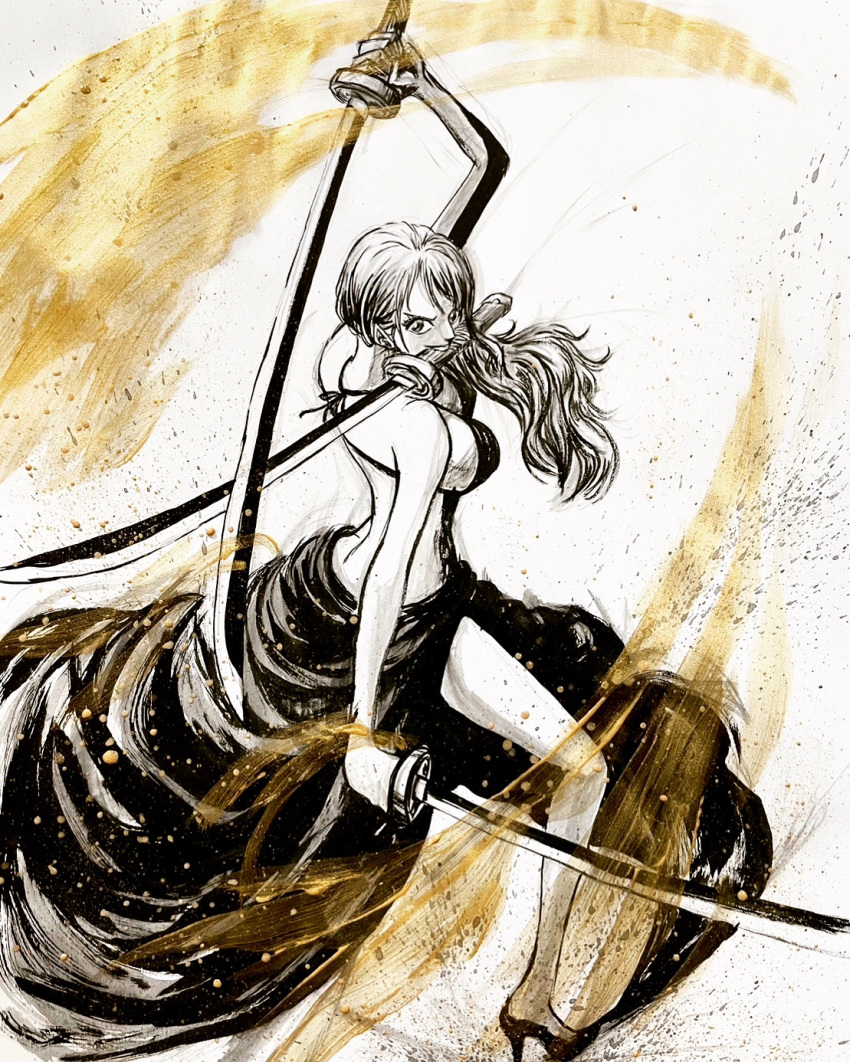 1girl back bare_arms bare_shoulders bikini bikini_top_only breasts from_above from_side full_body halterneck high_heels highres holding holding_sword holding_weapon ink_wash_painting large_breasts long_hair looking_at_viewer monochrome mouth_hold multiple_swords nami_(one_piece) nose one_piece sarong sideboob smile solo sumi-e swimsuit sword tareme v-shaped_eyebrows weapon white_background