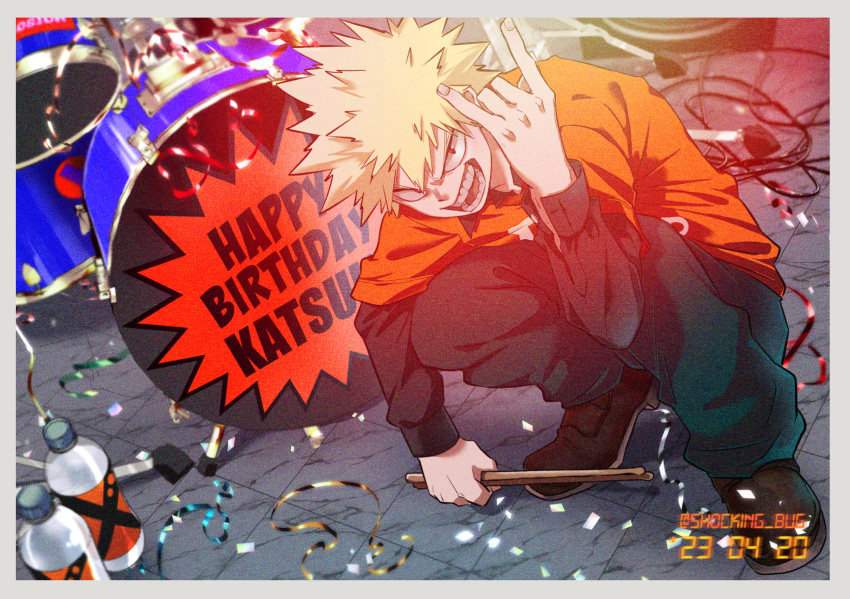1boy \n/ arm_on_knee bakugou_katsuki birthday black_shirt blonde_hair bloom blurry blurry_background boku_no_hero_academia border bottle cable character_name chromatic_aberration collared_shirt confetti dated depth_of_field drum drum_set drumsticks full_body furrowed_brow green_pants grey_border hair_between_eyes hand_up happy happy_birthday highres holding holding_drumsticks instrument leaning_forward looking_at_viewer looking_to_the_side male_focus nikaidou_iroha open_cuffs open_mouth orange_shirt pants photo_background print_shirt red_eyes sanpaku segment_display shirt short_hair smile soft_focus solo spiky_hair squatting streamers tile_floor tiles turning_head twitter_username undershirt v-shaped_eyebrows water_bottle x