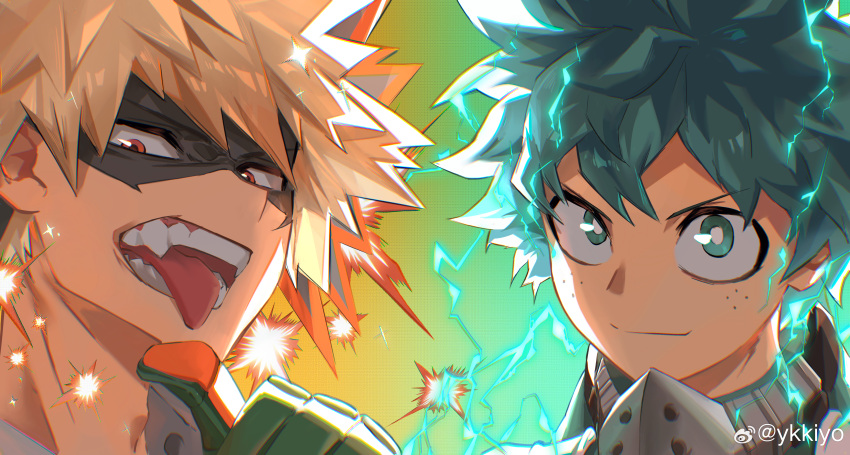2boys absurdres adam's_apple alternate_eye_color aqua_background aqua_eyes aqua_hair bakugou_katsuki black_mask blonde_hair boku_no_hero_academia bright_pupils chinese_commentary chromatic_aberration closed_mouth diffraction_spikes electricity explosion eye_mask freckles furrowed_brow gloves gradient_background green_gloves hand_up headgear highres looking_at_viewer looking_to_the_side male_focus mask mask_around_neck midoriya_izuku mouth_mask multicolored_background multiple_boys narrowed_eyes open_mouth orange_eyes orange_gloves pointing pointing_at_self portrait sanpaku short_hair side-by-side sideways_glance smile sparkle spiky_hair split_mouth tongue tongue_out two-tone_gloves v-shaped_eyebrows weibo_logo weibo_username white_pupils yellow_background ykkiyo