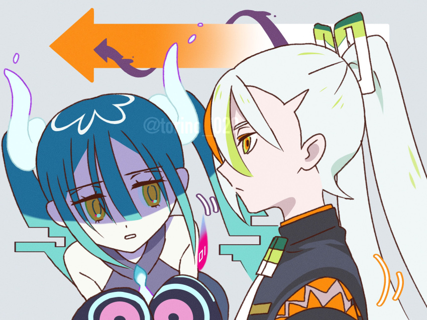 2girls arrow_(symbol) black_sleeves blue_hair closed_mouth commentary_request fighting_miku_(project_voltage) ghost_miku_(project_voltage) glitch grey_background grey_shirt hair_between_eyes hatsune_miku highres long_hair long_sleeves looking_at_another multicolored_hair multiple_girls necktie open_mouth orange_hair pale_skin pokemon print_sleeves profile project_voltage shaded_face shirt sleeveless sleeveless_shirt streaked_hair tebasaki_(torino_029) twintails twitter_username upper_body vocaloid white_hair white_necktie will-o'-the-wisp_(mythology) yellow_eyes