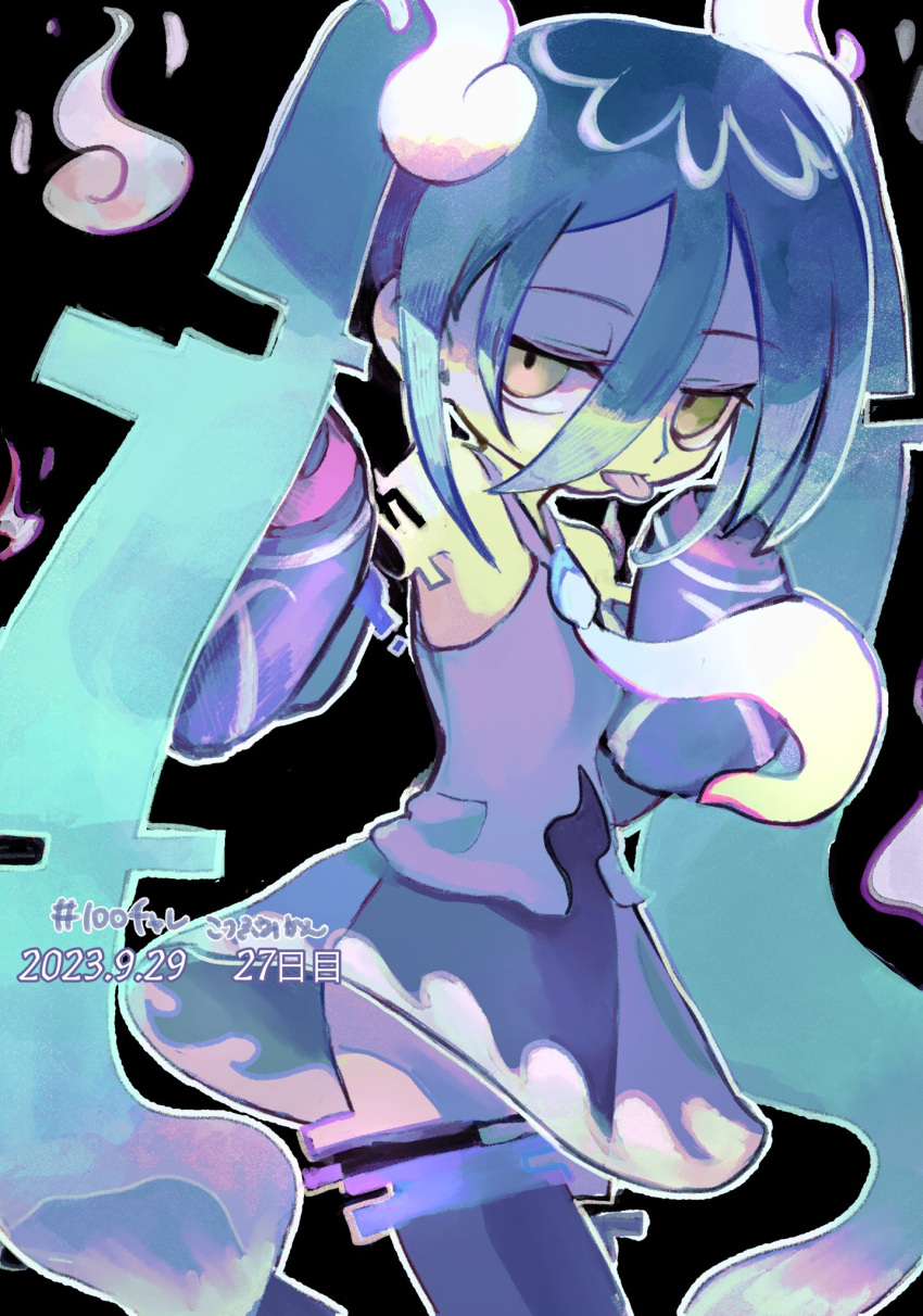 1girl artist_name black_background black_thighhighs blue_hair commentary_request dated detached_arm detached_legs detached_sleeves ghost_miku_(project_voltage) glitch grey_shirt hair_between_eyes hands_up hatsune_miku highres kotsubu_mikan long_hair long_sleeves looking_at_viewer necktie outline pale_skin pokemon print_sleeves project_voltage see-through see-through_skirt shirt skirt sleeveless sleeveless_shirt sleeves_past_fingers sleeves_past_wrists solo thigh-highs tongue tongue_out twintails very_long_hair vocaloid white_necktie yellow_eyes