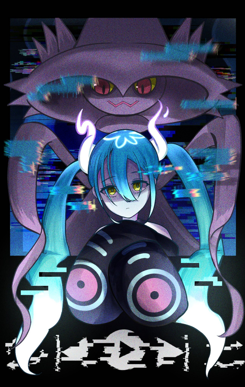 1girl aqua_hair ghost ghost_miku_(project_voltage) glitch gradient_hair hair_between_eyes hatsune_miku highres long_hair looking_at_viewer mismagius multicolored_hair nekomaru_suko pale_skin pokemon pokemon_(creature) project_voltage sleeves_past_fingers sleeves_past_wrists twintails very_long_hair vocaloid will-o'-the-wisp_(mythology) yellow_eyes