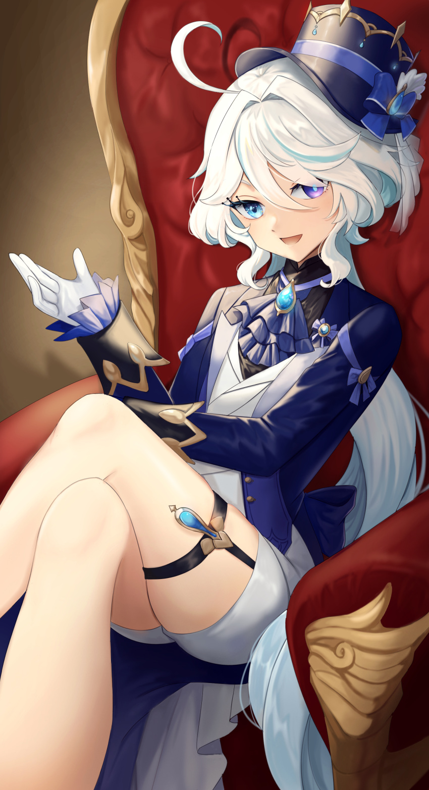1girl absurdres ahoge armchair ascot black_ascot black_headwear black_shirt blue_ascot blue_brooch blue_eyes blue_hair blue_jacket chair crossed_legs furina_(genshin_impact) genshin_impact gloves hair_between_eyes hand_up hat heterochromia highres jacket kodona light_blue_hair lolita_fashion long_hair looking_at_viewer low_ponytail mismatched_pupils multicolored_hair on_chair open_mouth sand_(redsunny924) shirt short_shorts shorts sitting smile solo thigh_strap top_hat very_long_hair vest white_gloves white_hair white_shorts white_vest