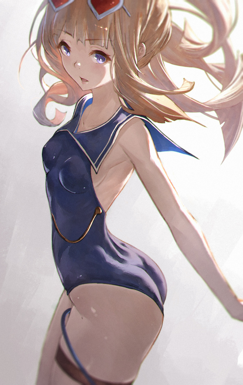 1girl absurdres armpits ass blonde_hair blue_eyes blue_one-piece_swimsuit breasts cagliostro_(granblue_fantasy) cagliostro_(summer)_(granblue_fantasy) competition_swimsuit eyewear_on_head granblue_fantasy heart heart-shaped_eyewear highres long_hair looking_at_viewer narrow_waist official_alternate_costume one-piece_swimsuit red-tinted_eyewear sideboob small_breasts solo sunglasses swimsuit thick_thighs thigh_strap thighs tinted_eyewear wide_hips yu_pian