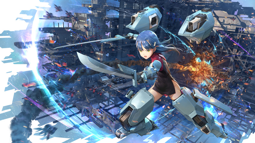 1girl absurdres alice_gear_aegis blue_hair commentary_request dual_wielding floating floating_object hair_ornament highres holding holding_sword holding_weapon mecha_musume mechanical_arms mechanical_legs nagamune_yozuki oborotsuki_no_regolith:_alice_gear_aegis_gaiden open_mouth pinakes single_mechanical_arm single_mechanical_leg slashing solo sword thrusters weapon yellow_eyes