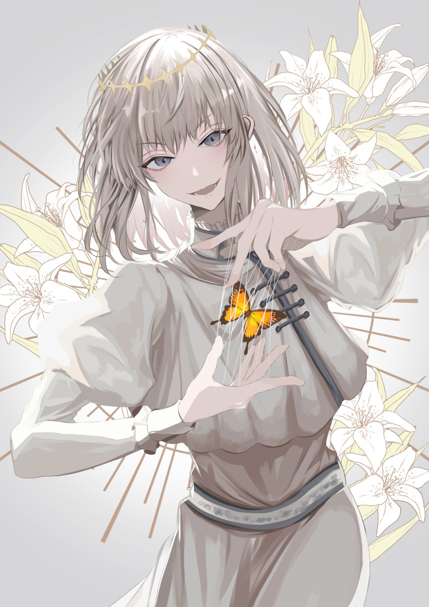 1boy absurdres androgynous antinese blonde_hair bug butterfly fate/grand_order fate_(series) flower grey_background grey_eyes grey_hair highres looking_at_viewer male_focus oberon_(fate) puffy_sleeves puppet_strings short_hair simple_background smile solo standing string white_flower yellow_butterfly