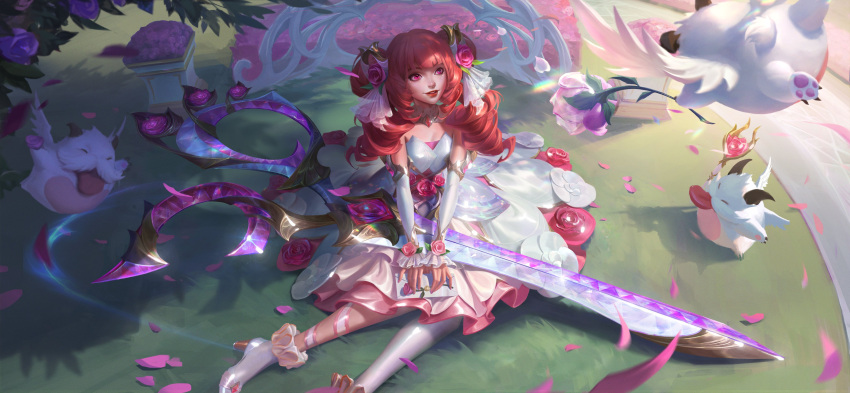 1girl absurdres breasts crystal_rose_gwen day dress drill_hair gwen_(league_of_legends) highres holding holding_scissors large_breasts league_of_legends long_hair official_alternate_costume official_art outdoors oversized_object poro_(league_of_legends) redhead scissors shiny_clothes smile solo twin_drills twintails