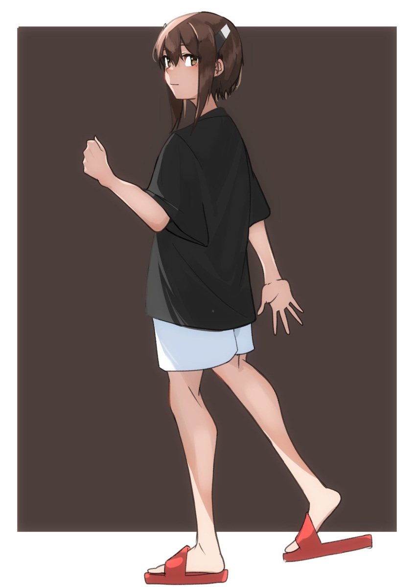 1girl alternate_costume black_shirt brown_eyes brown_hair closed_mouth full_body hair_between_eyes hato_kan highres kantai_collection looking_at_viewer red_footwear sandals shirt shoes short_hair short_sleeves shorts simple_background solo standing taihou_(kancolle) two-tone_background white_shorts
