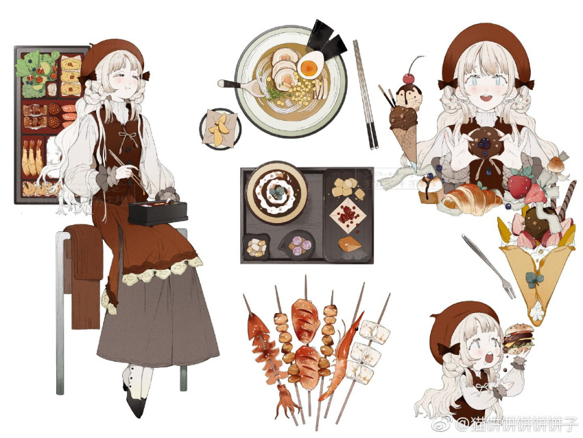 1girl bento beret black_bow black_footwear blonde_hair blue_eyes blueberry boots bow braided_hair_rings brown_wristband burger buttons chewing chibi chinese_commentary chocolate_syrup chopsticks closed_eyes closed_mouth collared_shirt commentary_request croissant crumbs dark_skin doughnut eating eyelashes food food_request fruit gold_bowtie hair_bow hat high_collar high_heel_boots high_heels holding holding_bento holding_chopsticks holding_food ice_cream kebab lace-trimmed_skirt lace_trim layered_skirt light_blush long_hair long_skirt long_sleeves maobing_maobing multiple_views open_mouth original pocky puffy_long_sleeves puffy_sleeves red_headwear red_skirt red_vest salad shirt shrimp sitting skirt smile solo strawberry teeth two-tone_footwear upper_body upper_teeth_only vest weibo_logo weibo_username white_background white_footwear white_shirt