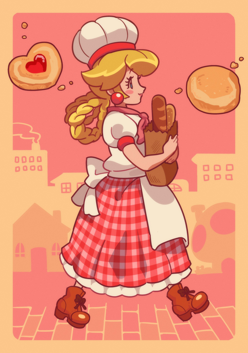 1girl absurdres apron bag baguette blonde_hair boots braid bread brown_footwear chef_hat cookie earrings food from_side full_body hat highres holding holding_bag jewelry loveycloud official_alternate_costume paper_bag pastry_chef_peach princess_peach princess_peach:_showtime! red_skirt short_sleeves skirt solo sphere_earrings super_mario_bros. walking white_apron