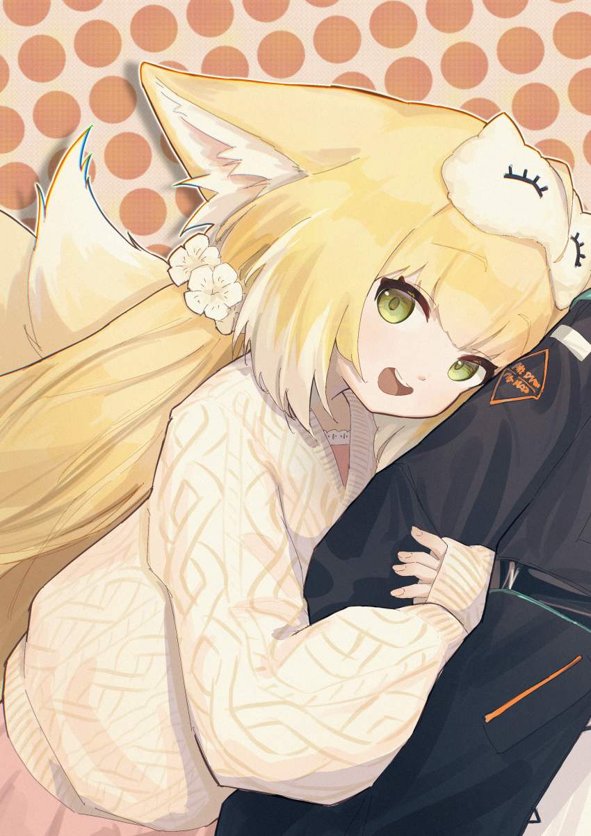 1girl 1other absurdres alternate_costume animal_ear_fluff animal_ears arknights arm_hug blonde_hair blush cardigan chack520 doctor_(arknights) fox_ears fox_girl fox_tail green_eyes highres kitsune kyuubi long_hair looking_at_viewer multiple_tails open_mouth polka_dot polka_dot_background solo_focus suzuran_(arknights) tail yellow_cardigan