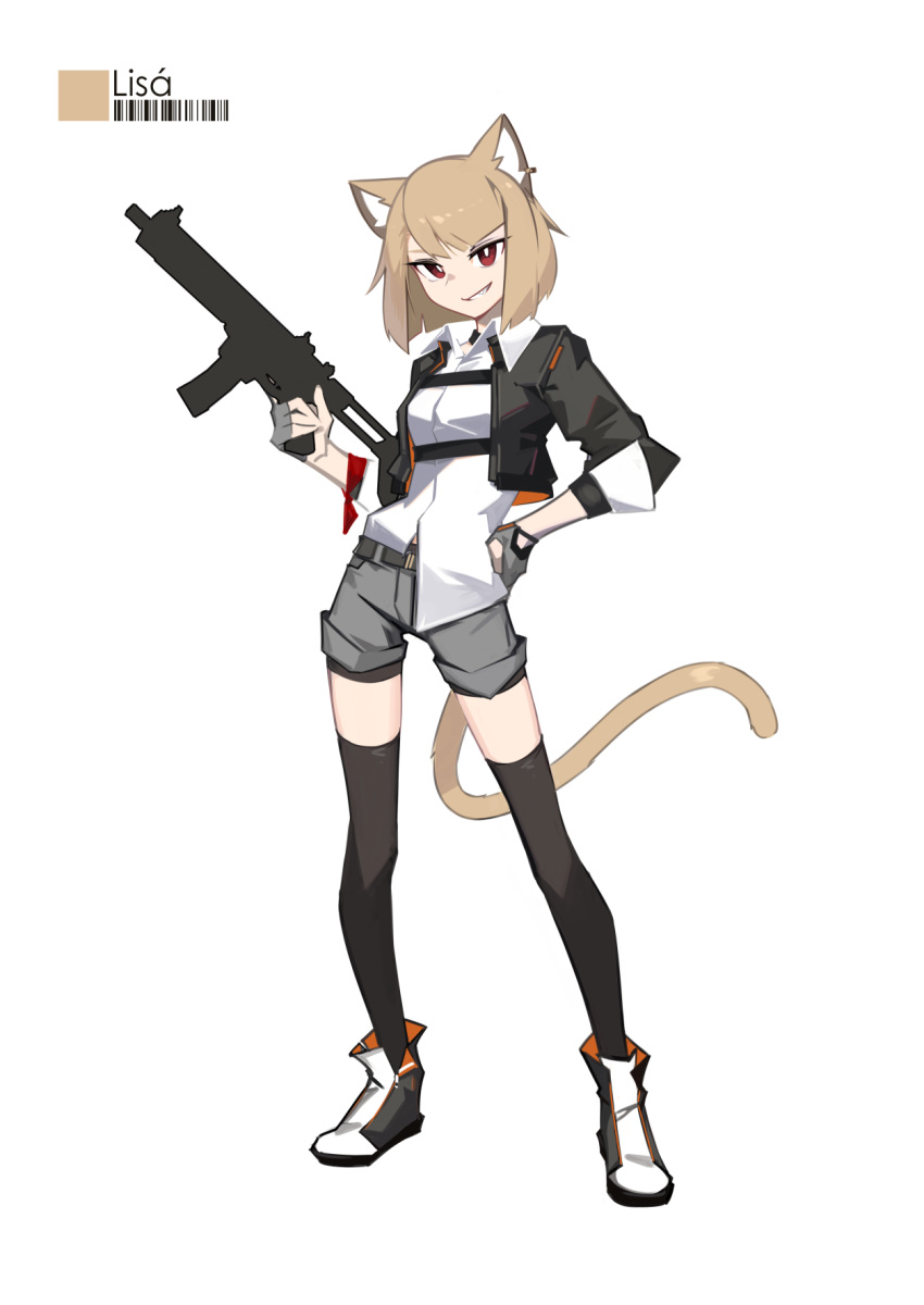 1girl animal_ears barcode black_jacket blonde_hair breasts cat_ears cat_girl cat_tail collared_shirt comiket_102 deel_(rkeg) fingerless_gloves full_body gloves grey_gloves grey_shorts grin gun hand_on_own_hip highres holding holding_gun holding_weapon jacket lisa_(deel) looking_at_viewer medium_hair original red_eyes rifle shirt shirt_partially_tucked_in shorts simple_background small_breasts smile solo tail thigh-highs weapon white_background white_shirt