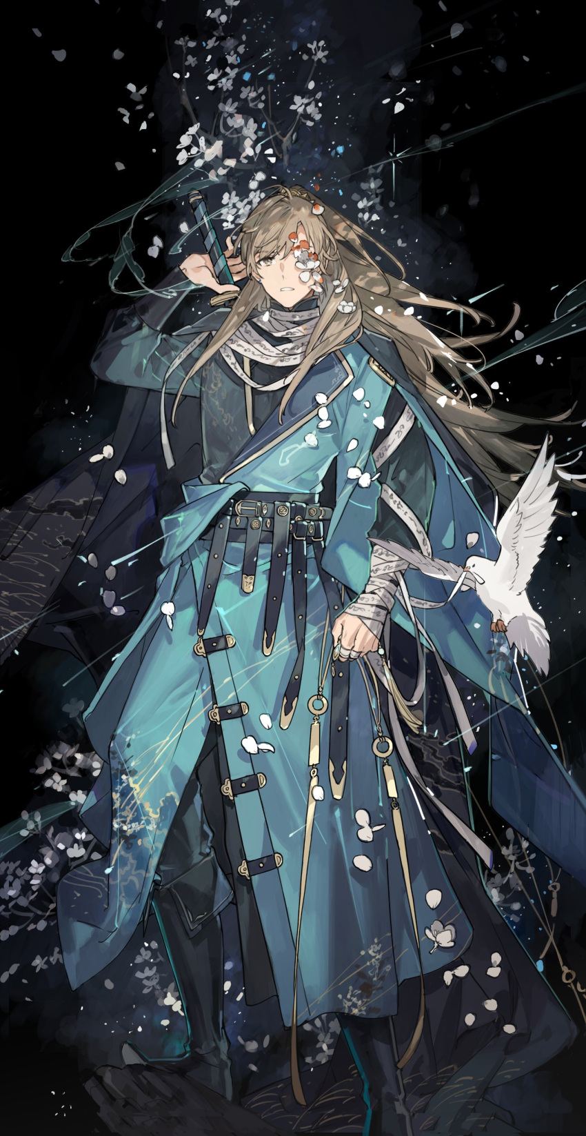 1boy absurdres arm_out_of_sleeve bai_qi_(love_and_producer) bandaged_arm bandages bandana_around_neck belt bird black_belt black_cape black_footwear black_pants black_shirt blue_coat boots branch brown_hair cape chinese_clothes coat dove flower flower_over_eye full_body green_jacket grey_eyes highres holding holding_charm holding_sword holding_weapon jacket lapels long_hair long_sleeves looking_at_viewer love_and_producer male_focus pants parted_lips ponytail shirt solo standing starshadowmagician sword tassel weapon weapon_on_back white_flower wide_sleeves yaopei