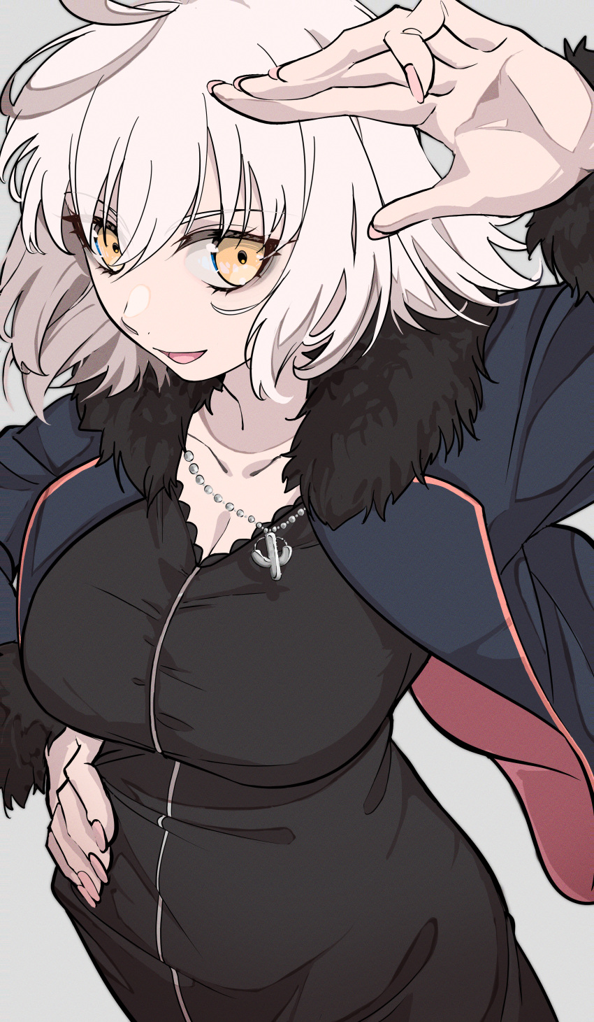 1girl absurdres anianiani0607 fate/grand_order fate_(series) fur_trim highres jeanne_d'arc_alter_(fate) jeanne_d'arc_alter_(ver._shinjuku_1999)_(fate) jewelry necklace open_mouth simple_background smile solo type-moon upper_body white_background white_hair yellow_eyes