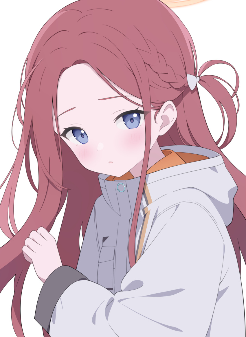 1girl absurdres blue_archive blue_eyes blush bow braid commentary_request forehead hair_bow halo highres jacket jyt long_hair long_sleeves looking_at_viewer parted_bangs parted_lips redhead simple_background solo very_long_hair white_background white_bow white_jacket yuzu_(blue_archive)