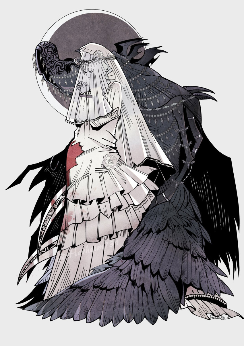 1girl black_wings blood blood_on_clothes bloodborne denny626 dress extra_arms highres hood hood_up jewelry mergo's_wet_nurse pregnant sword veil weapon wedding_dress white_dress wings yharnam_phtumerian_queen