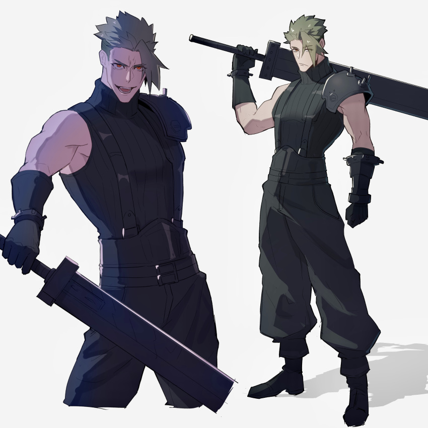 1boy absurdres achilles_(fate) arm_at_side black_gloves black_pants buster_sword cloud_strife cloud_strife_(cosplay) cosplay fate_(series) final_fantasy final_fantasy_vii frown full_body gloves green_hair haruakira highres holding holding_sword holding_weapon looking_at_viewer male_focus mature_male muscular muscular_male over_shoulder pants pectorals red_eyes ribbed_shirt shadow shirt short_hair simple_background single_shoulder_pad suspenders sword undercut weapon weapon_over_shoulder white_background