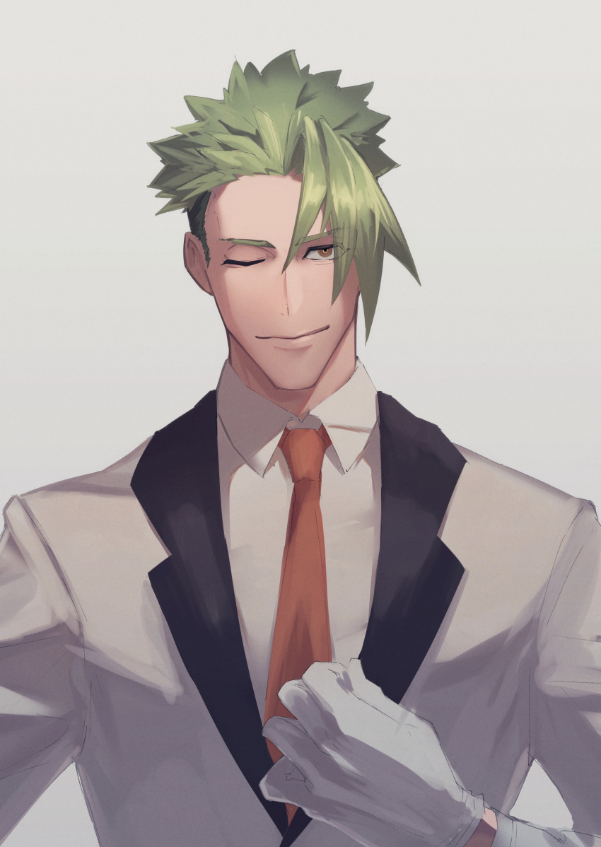 1boy absurdres achilles_(fate) alternate_costume brown_eyes closed_mouth collared_shirt fate_(series) gloves green_hair haruakira highres jacket male_focus mature_male necktie one_eye_closed red_necktie shirt short_hair smile solo straight-on suit_jacket undercut upper_body white_gloves white_jacket white_shirt