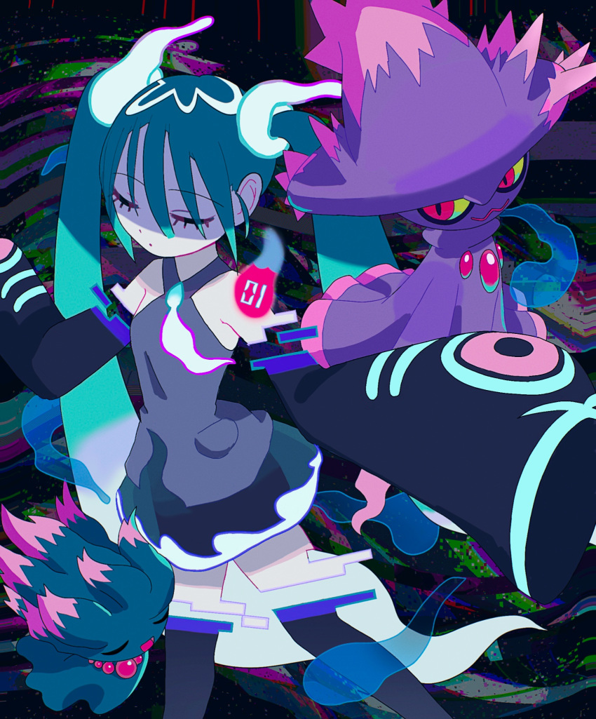 1girl aqua_hair bare_shoulders black_thighhighs closed_eyes detached_sleeves ghost ghost_miku_(project_voltage) glitch gradient_hair grey_shirt hair_between_eyes hatsune_miku highres long_hair misdreavus mismagius multicolored_hair nagomi_(_nagomi_) necktie pokemon pokemon_(creature) project_voltage see-through see-through_skirt shirt skirt sleeves_past_fingers sleeves_past_wrists thigh-highs twintails very_long_hair vocaloid will-o'-the-wisp_(mythology)