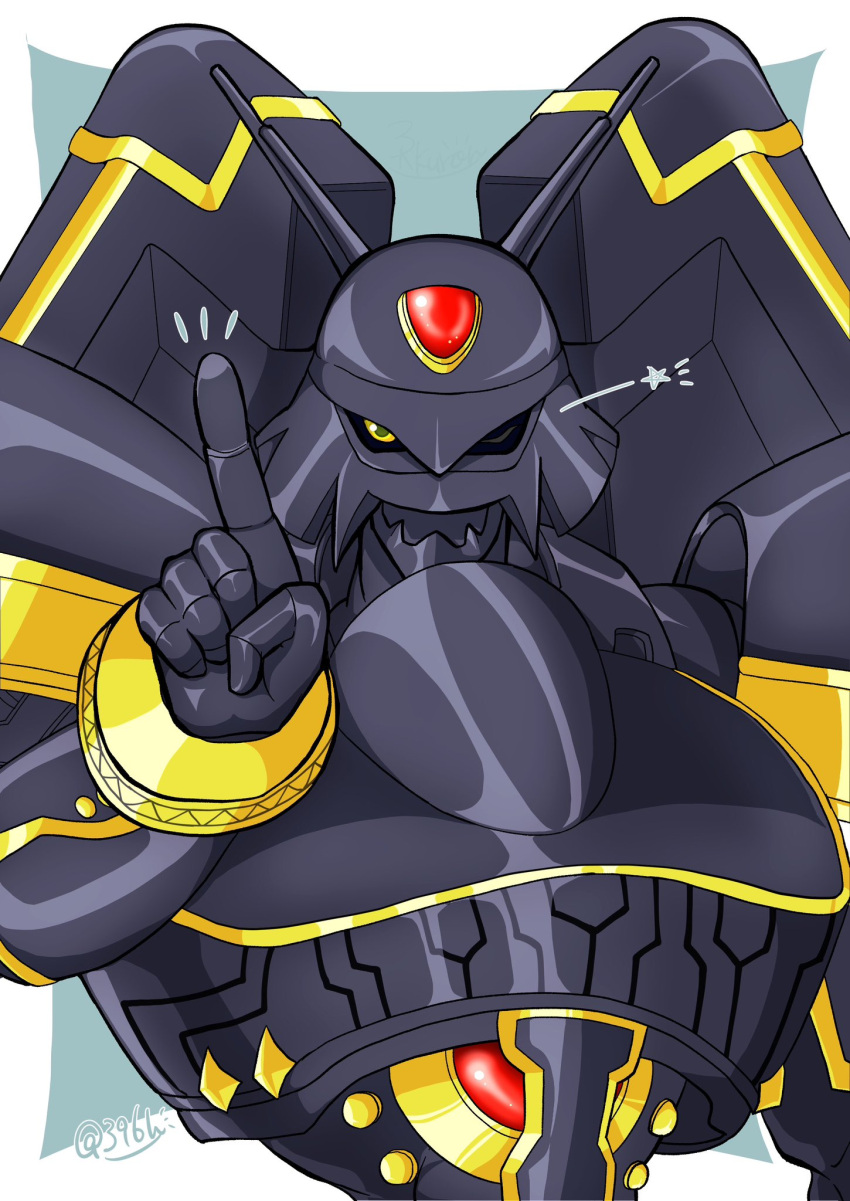 396h alphamon armor digimon digimon_(creature) highres looking_at_viewer one_eye_closed pointing solo star_(symbol) upper_body yellow_eyes