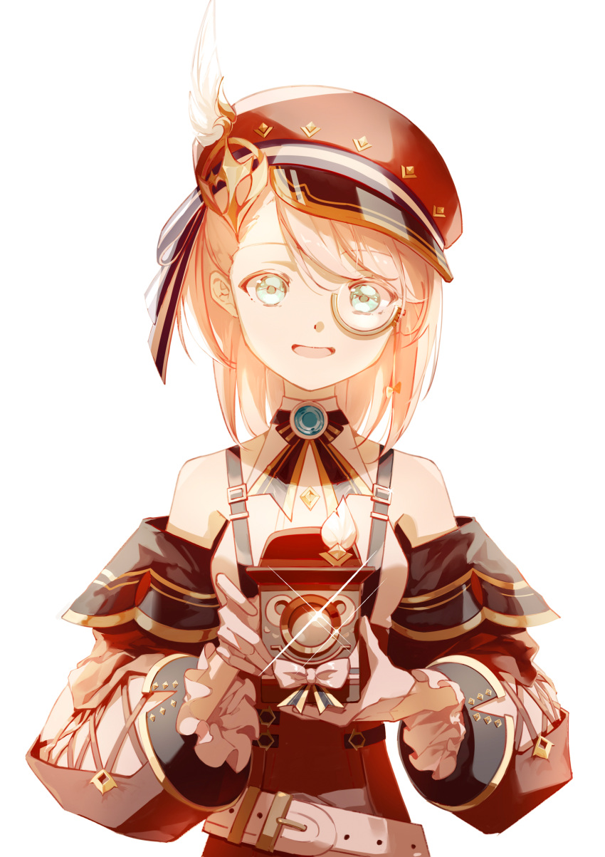1girl absurdres aqua_eyes bare_shoulders belt bow bowtie brown_bow brown_bowtie cabbie_hat camera charlotte_(genshin_impact) detached_sleeves genshin_impact hat hat_feather highres holding holding_camera long_sleeves medium_hair monocle noi_(nuoyawupengchuan) open_mouth pink_hair pointing pointing_at_viewer puffy_long_sleeves puffy_sleeves red_headwear shirt simple_background smile solo upper_body white_background white_belt white_shirt