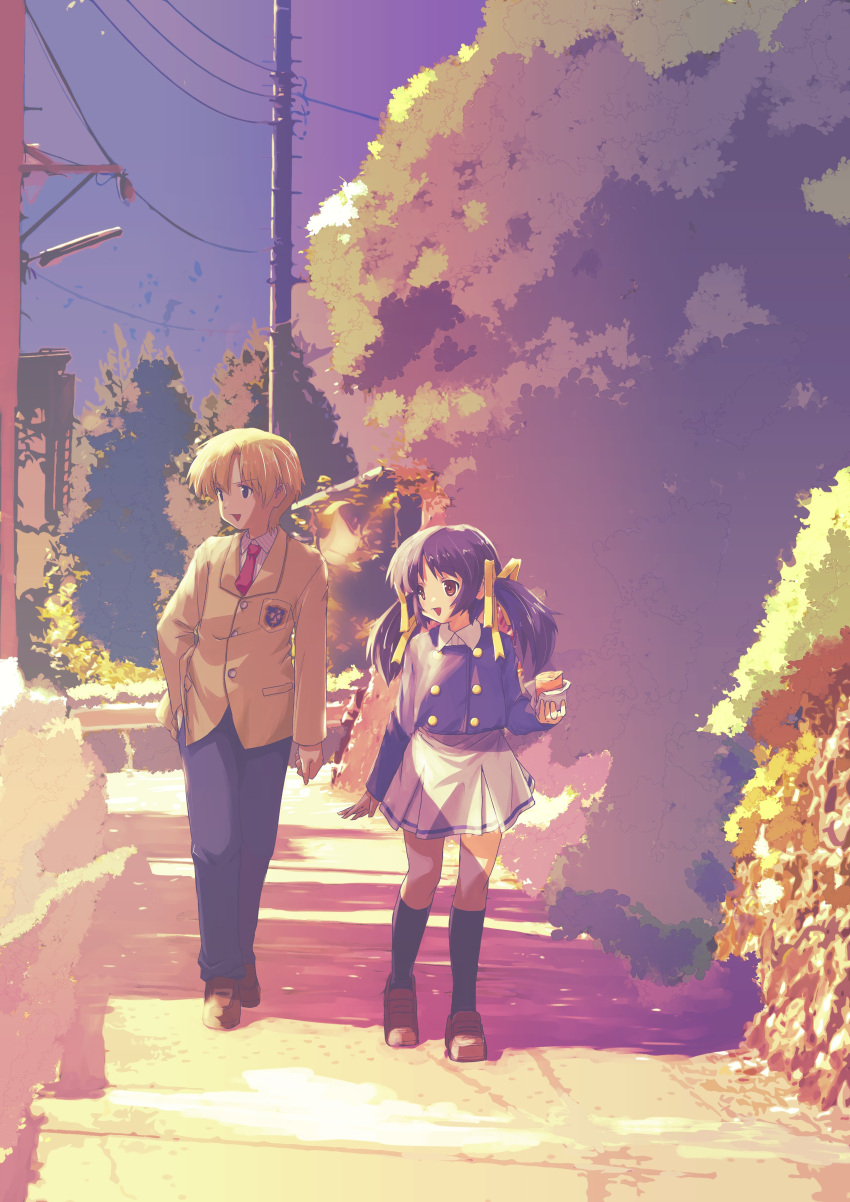 1boy 1girl :d absurdres akayama_yukihe arm_at_side black_socks blonde_hair blue_eyes blue_hair blue_jacket brother_and_sister brown_eyes brown_footwear clannad commentary_request dusk food hair_ribbon hand_in_pocket hand_up highres hikarizaka_private_high_school_uniform holding holding_food jacket kneehighs light_blush loafers long_hair long_ribbon long_sleeves looking_to_the_side miniskirt necktie open_mouth outdoors parted_bangs red_necktie ribbon road school_uniform shoes short_hair siblings sidelighting skirt smile socks standing sunohara_mei sunohara_youhei twintails v-shaped_eyebrows white_skirt wide_shot yellow_jacket yellow_ribbon