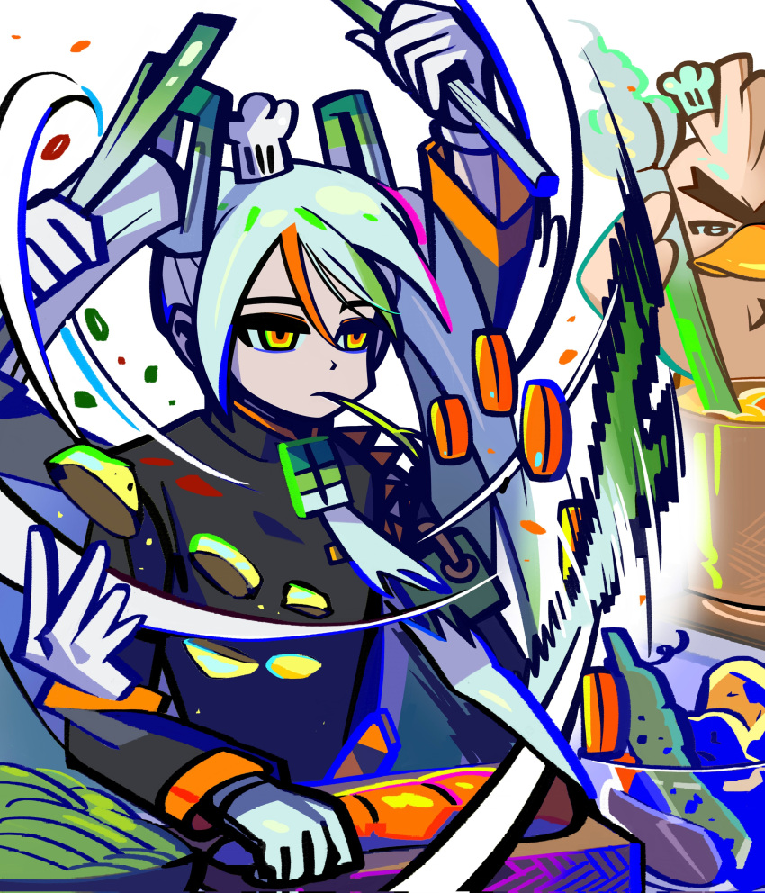 1girl absurdres afterimage armband arms_up bird carrot chef_hat closed_mouth commentary cooking cooking_pot cutting cutting_board fighting_miku_(project_voltage) food gloves green_armband green_hair hair_between_eyes half-closed_eyes hat hatsune_miku highres holding holding_food holding_spring_onion holding_vegetable jitome korean_commentary long_hair long_sleeves motion_blur mouth_hold multicolored_hair necktie orange_hair pokemon pokemon_(creature) potato project_voltage sirfetch'd speed_lines spring_onion stalk_in_mouth streaked_hair torn_clothes torn_necktie twintails ufxy894g upper_body vegetable vocaloid white_gloves white_hair white_necktie yellow_eyes