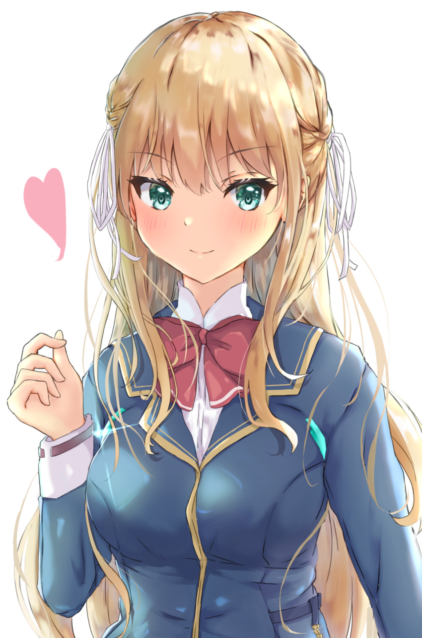 1girl arm_at_side blonde_hair blue_jacket blush bow braid breasts closed_mouth commentary_request eyelashes french_braid green_eyes hair_between_eyes hair_ribbon hand_up heart heaven_burns_red highres jacket large_breasts long_hair long_sleeves looking_at_viewer red_bow ribbon school_uniform shirt sidelocks simple_background smile solo tatika714 toujou_tsukasa upper_body very_long_hair white_background white_ribbon white_shirt