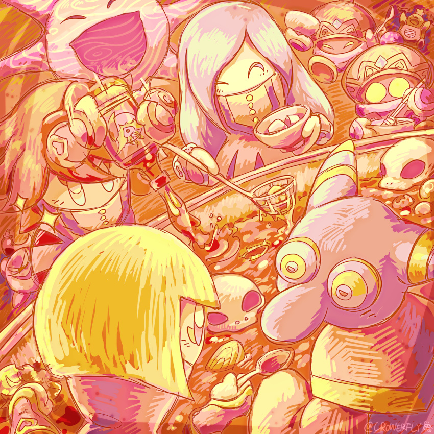 1other 2boys 3girls afterimage blonde_hair blue_hair chef_kawasaki crowerfly disembodied_limb flamberge_(kirby) francisca_(kirby) highres holding holding_spoon hot_sauce hyness jammerjab kirby kirby:_star_allies kirby_(series) multicolored_eyes multiple_girls open_mouth redhead sketch skull solid_oval_eyes spoon twitter_username void_soul zan_partizanne