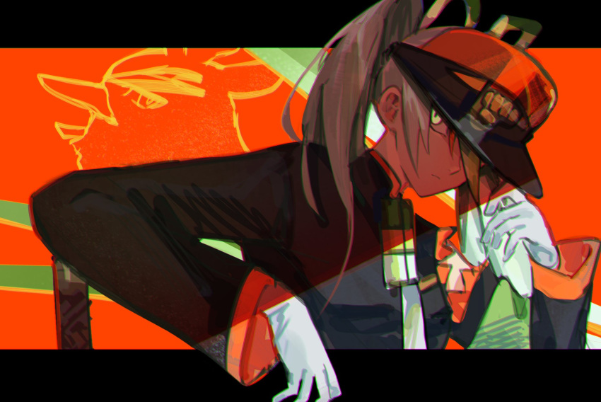 1girl armband black_coat coat commentary delinquent detached_sleeves english_commentary fighting_miku_(project_voltage) gloves green_armband greiilock hair_between_eyes hatsune_miku highres looking_at_viewer necktie one_eye_covered orange_trim pokemon pokemon_(creature) project_voltage single_detached_sleeve sirfetch'd spring_onion twintails visor_cap vocaloid white_gloves white_hair white_necktie yellow_eyes