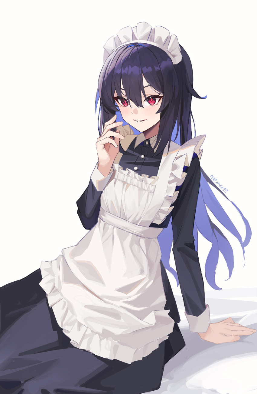 1girl apron arm_support black_dress black_hair blue_hair blush chinese_commentary closed_mouth collared_dress colored_inner_hair commentary commentary_request dated dress fled frills hair_between_eyes hand_up highres honkai_(series) honkai_impact_3rd long_hair long_sleeves looking_at_viewer maid maid_apron maid_headdress multicolored_hair red_eyes seele_(alter_ego) seele_vollerei seele_vollerei_(starchasm_nyx) simple_background sitting smile solo white_apron white_background