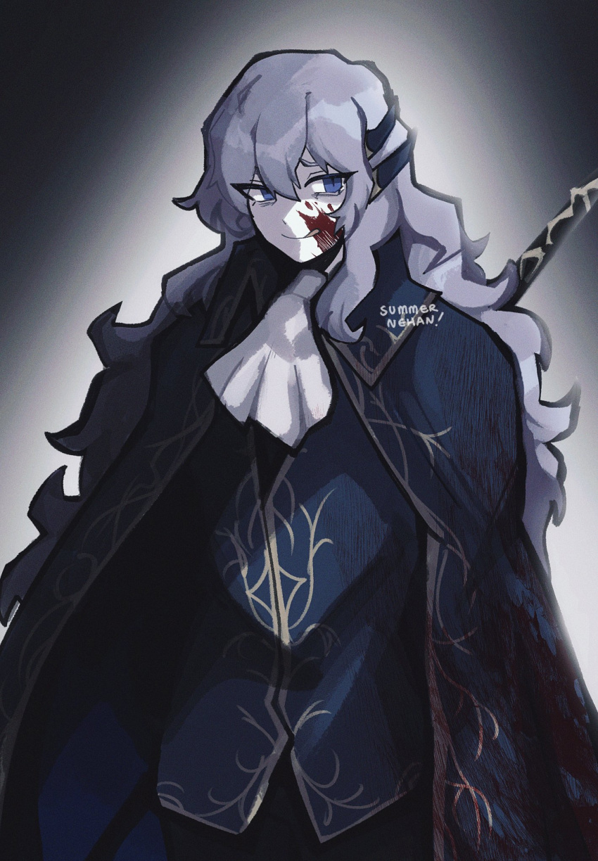 1boy :q argalia_(library_of_ruina) ascot blood blood_on_face blue_cape blue_eyes blue_jacket cape closed_mouth cowboy_shot gold_trim highres holding holding_scythe jacket library_of_ruina licking_blood long_hair looking_at_viewer project_moon scythe smile solo summernehan tongue tongue_out very_long_hair white_ascot white_hair