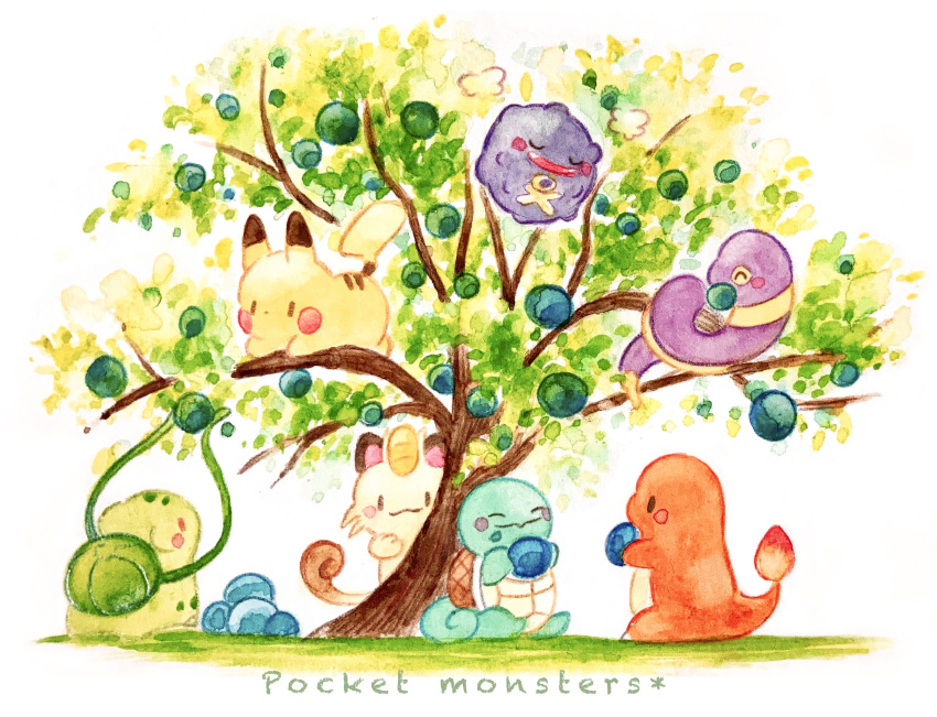 ^_^ animal_focus berry_(pokemon) black_eyes blush_stickers bulbasaur charmander closed_eyes closed_mouth copyright_name ekans fangs flame-tipped_tail food fruit highres holding holding_food holding_fruit koffing meowth no_humans open_mouth oran_berry painting_(medium) pikachu plant pokemon red_eyes smile snake squirtle traditional_media tree turtle vines watercolor_(medium) white_background yukichi_0611