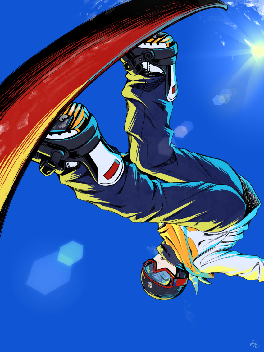 1boy alternate_costume blue_pants commentary_request day from_below goggles grusha_(pokemon) highres jacket lens_flare male_focus min_(myna8247) outdoors pants pokemon pokemon_(game) pokemon_sv shoes signature sky snowboard snowboarding solo sun white_footwear white_jacket