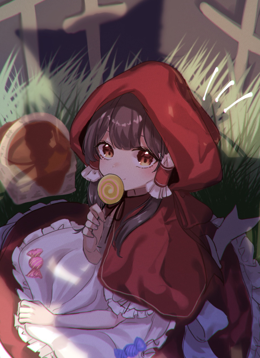 1girl apron basket brown_hair candy commentary_request cosplay dress food from_above grass hair_tubes hakurei_reimu halloween highres holding holding_candy holding_food holding_lollipop kirisame_marisa little_red_riding_hood little_red_riding_hood_(grimm) little_red_riding_hood_(grimm)_(cosplay) lollipop looking_at_viewer on_ground outdoors pov red_dress red_eyes red_hood shadow sitting smile touhou white_apron yomogi_9392