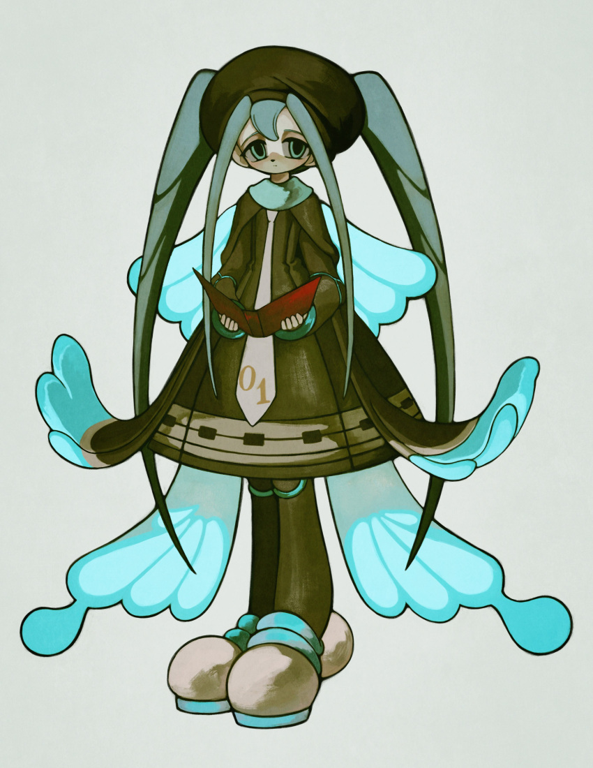 1girl absurdres black_dress black_headwear black_pantyhose blue_eyes blue_hair blue_wings book bug_miku_(project_voltage) butterfly_wings closed_mouth dress fake_wings full_body grey_background grey_footwear grey_necktie hair_between_eyes hat hatsune_miku highres holding holding_book long_hair long_sleeves looking_at_viewer mime_404 necktie pantyhose pokemon project_voltage shoes simple_background solo standing twintails very_long_hair vocaloid wings