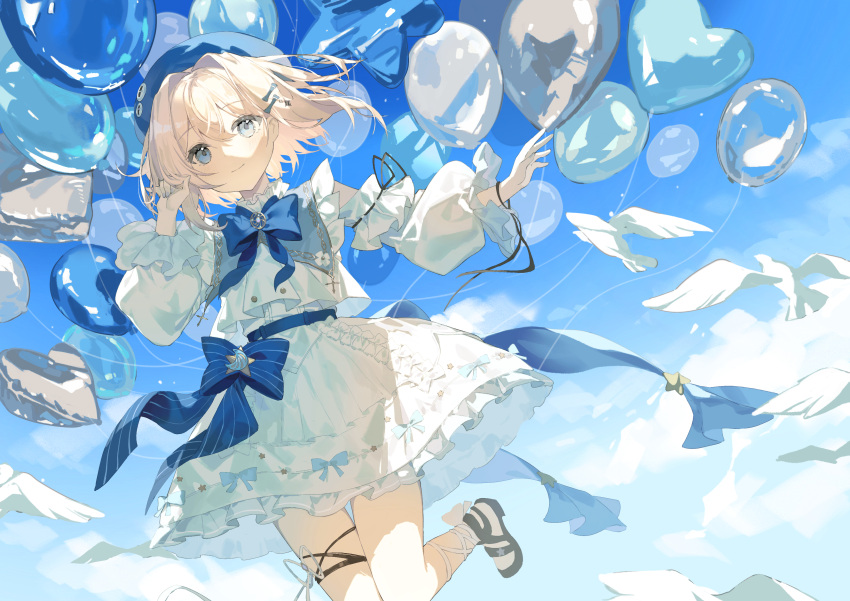 1girl absurdres balloon beret bird black_footwear blonde_hair blue_bow blue_bowtie blue_eyes blue_sky bow bowtie character_request clouds commission copyright_request crescent cross detached_sleeves dress hair_ornament hairclip hat highres kiduki sky smile solo star_(symbol) virtual_youtuber white_bird white_dress