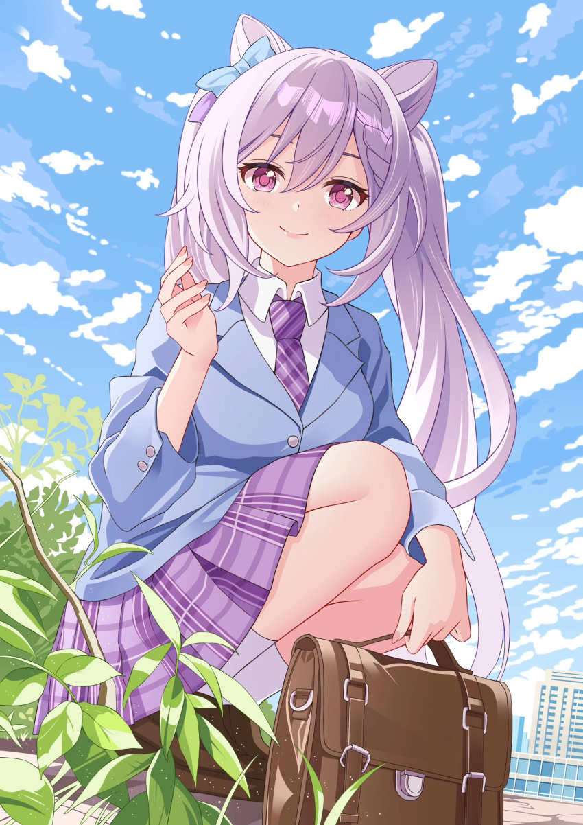 1girl absurdres alternate_costume bag blazer blush bow building closed_mouth clouds cloudy_sky cone_hair_bun day feng_shao_kky_(arj0522) genshin_impact hair_between_eyes hair_bow hair_bun hair_ears highres jacket keqing_(genshin_impact) long_hair long_sleeves looking_at_viewer necktie outdoors plant pleated_skirt purple_hair school_bag school_uniform skirt sky smile socks solo squatting twintails violet_eyes white_socks