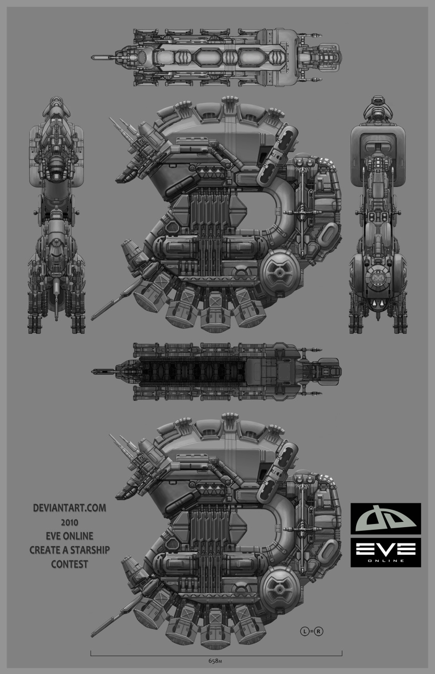 3d absurdres commentary concept_art copyright_name dated eve_online from_side greyscale highres logo military_vehicle monochrome multiple_views original reference_sheet science_fiction spacecraft tomacmuni vehicle_focus