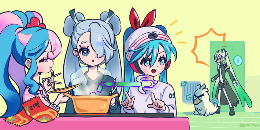 4girls alternate_costume armband beanie bird blue_eyes blue_hair chopsticks collared_shirt commentary_request cooking cooking_pot curly_hair double_bun eating fairy_miku_(project_voltage) fighting_miku_(project_voltage) flower flying_miku_(project_voltage) gradient_hair green_armband hair_between_eyes hair_bun hair_flower hair_ornament hair_over_one_eye hair_ribbon hands_up hat hatsune_miku headphones highres holding holding_chopsticks index_finger_raised indoors korean_commentary korean_text long_hair long_sleeves looking_at_another multicolored_hair multiple_girls necktie notice_lines open_mouth phaysungyen pink_hair pokemon pokemon_(creature) project_voltage psychic psychic_miku_(project_voltage) red_flower red_ribbon ribbon shirt sidelocks sirfetch'd smile speech_bubble spoken_sweatdrop spring_onion standing steam stove surprised sweatdrop translation_request twintails two-tone_hair upper_body very_long_hair vocaloid white_hair white_headwear white_necktie white_shirt