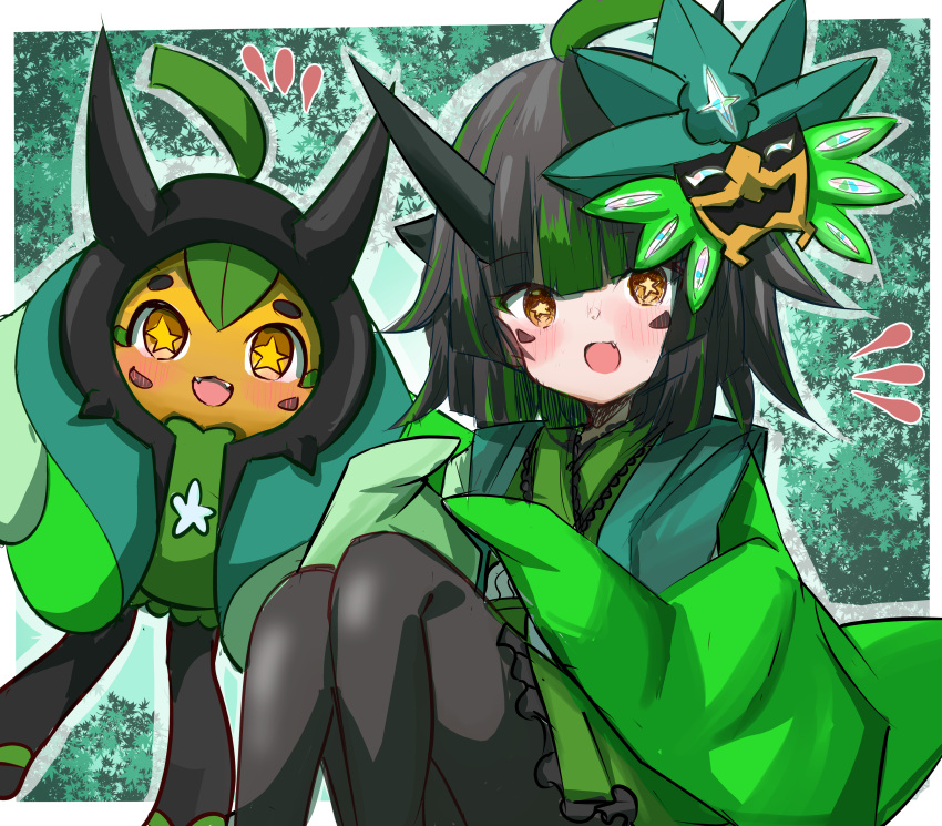 +_+ 1girl :o absurdres black_hair black_horns black_pantyhose blush cafe_berry creature_and_personification green_hair highres horns mask mask_on_head multicolored_hair ogerpon pantyhose personification pokemon pokemon_(creature) pokemon_(game) pokemon_sv sitting streaked_hair yellow_eyes