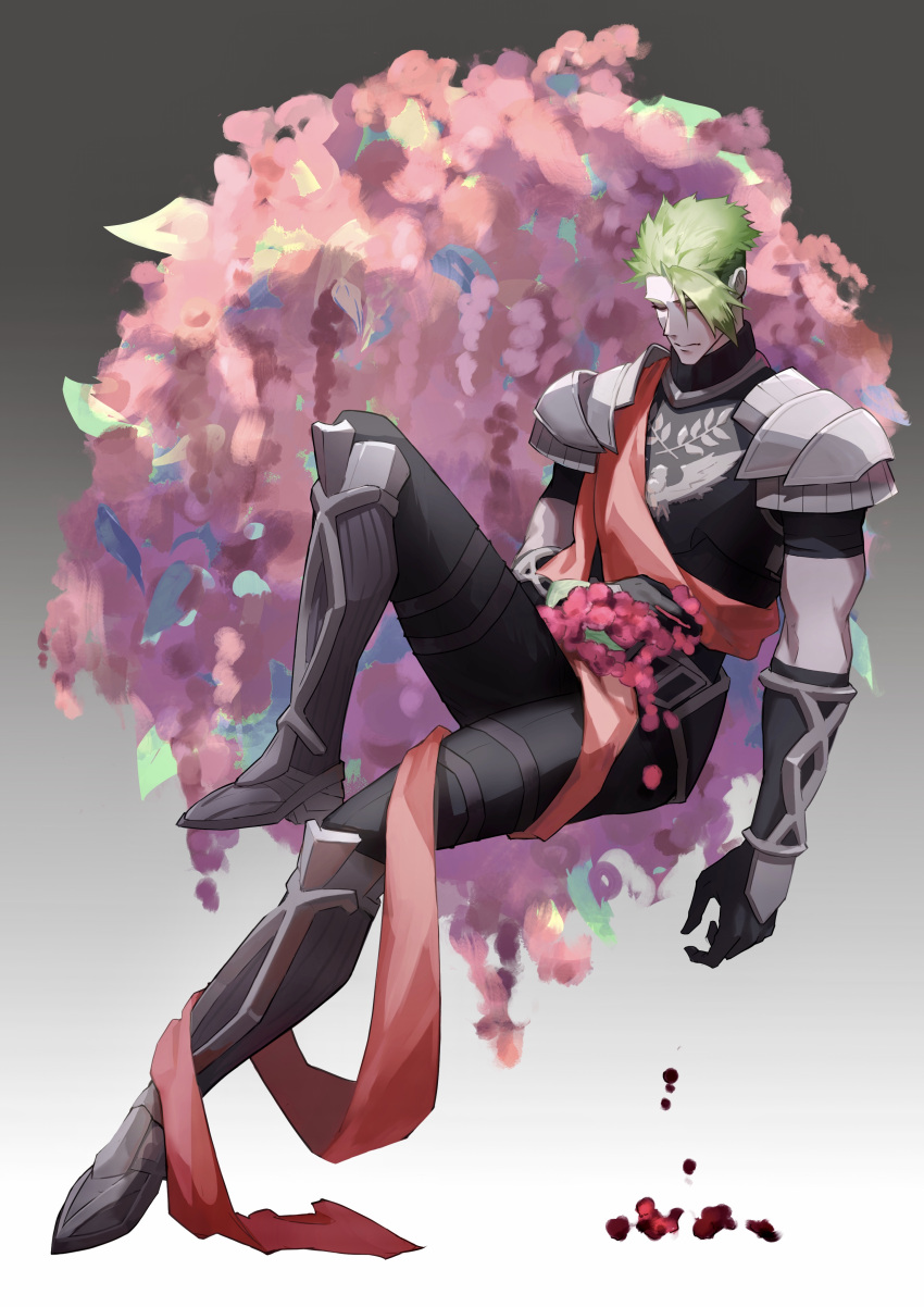 1boy absurdres achilles_(fate) armor black_pants black_shirt closed_eyes closed_mouth fate/apocrypha fate_(series) full_body gauntlets gradient_background green_hair hand_on_own_stomach haruakira highres invisible_chair looking_down male_focus mature_male metal_boots muscular muscular_male pants petals pink_petals red_petals red_sash ribbed_shirt sash shirt short_hair shoulder_armor sitting solo turtleneck undercut