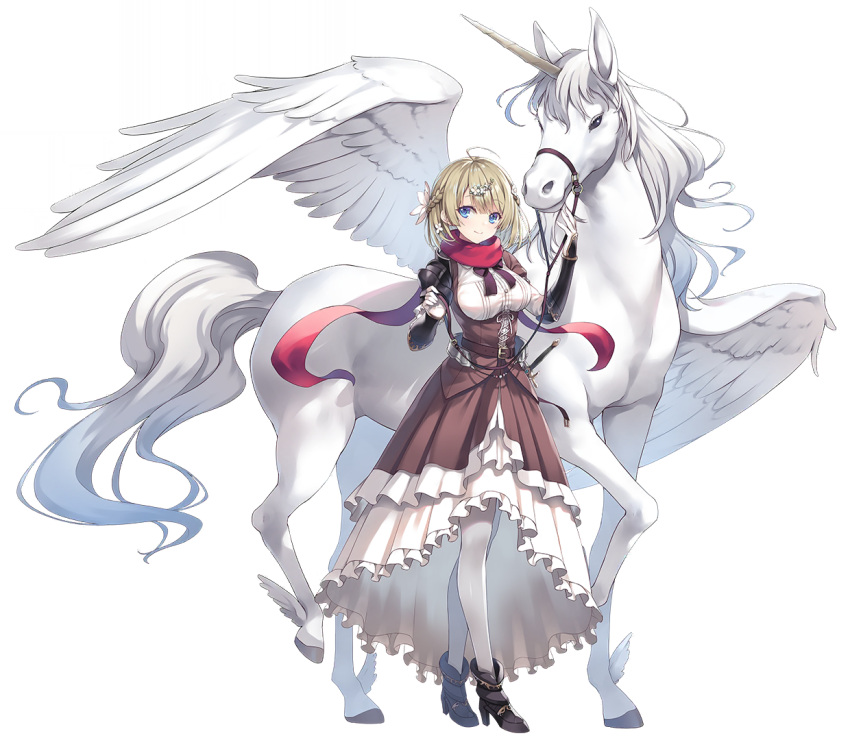 1girl ahoge ankle_boots arm_guards belt blonde_hair blue_eyes boots bow bowtie breasts buttons caledonia_(revived_witch) closed_mouth dagger dress feathered_wings frills full_body gloves hair_ornament high_heel_boots high_heels holding horns knife layered_skirt long_dress long_sleeves looking_at_viewer medium_breasts official_art pantyhose pegasus pegasus_wings red_scarf revived_witch ribbon scarf short_hair single_horn single_shoulder_pad skirt smile standing tomose_shunsaku transparent_background weapon winged_unicorn wings