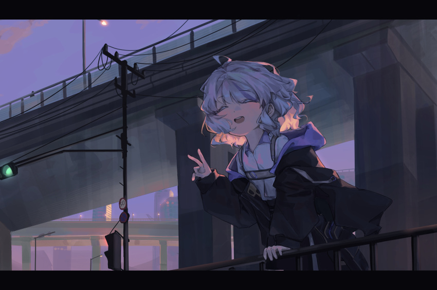 1girl absurdres ahoge black_jacket closed_eyes highres jacket lamppost long_sleeves medium_hair night off_shoulder open_clothes open_jacket open_mouth original outdoors polyvora power_lines purple_sky railing shirt sky solo teeth upper_teeth_only utility_pole v white_shirt