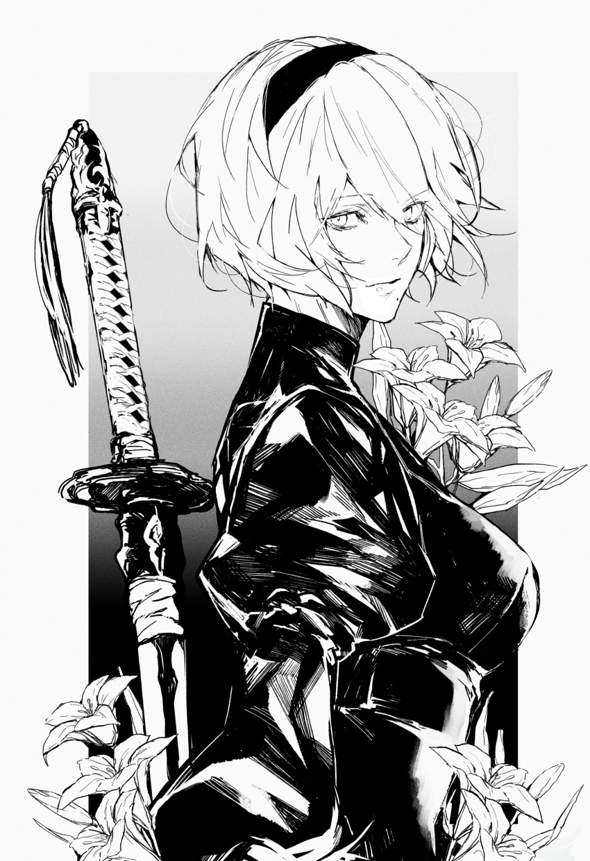 1girl 2b_(nier:automata) absurdres black_dress black_hairband dress flower greyscale hairband highres looking_at_viewer mole mole_under_mouth monochrome nier:automata nier_(series) nishiii26miii no_blindfold short_hair simple_background solo sword virtuous_contract weapon white_background white_hair