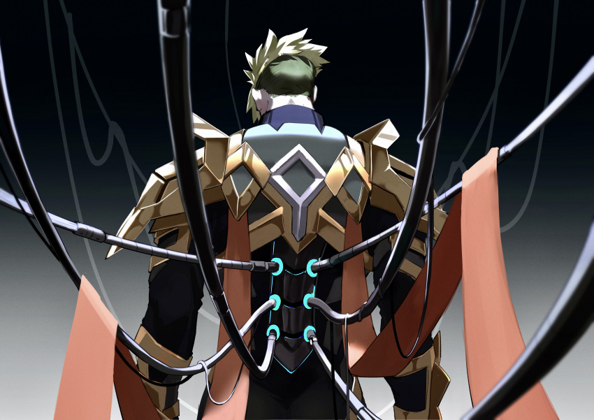 1boy absurdres achilles_(fate) armor cable facing_away fate/apocrypha fate_(series) from_behind gauntlets gradient_background green_hair grey_background haruakira highres male_focus mature_male orange_sash short_hair solo undercut upper_body