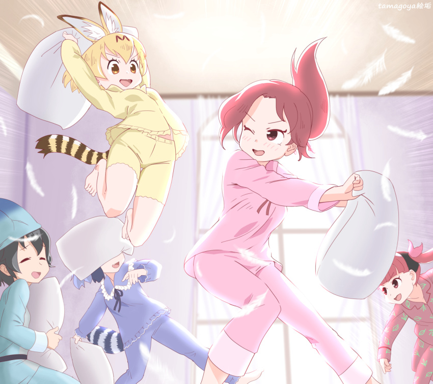5girls animal_ears arms_up barefoot black_hair blonde_hair blunt_bangs blurry blurry_background cat_ears cat_girl cat_tail closed_eyes common_raccoon_(kemono_friends) cosplay creator_connection crossover curtains emphasis_lines facing_another feathers furrowed_brow highres holding holding_pillow in_the_face indoors jumping kaban_(kemono_friends) kemono_friends kemurikusa long_hair long_sleeves looking_at_another lucky_beast_(kemono_friends) lucky_beast_(kemono_friends)_(cosplay) multiple_girls one_eye_closed open_mouth pajamas pillow pillow_fight raccoon_tail red_eyes redhead rin_(kemurikusa) rina_(kemurikusa) serval_(kemono_friends) sleepwear smile tail tamagoya throwing v-shaped_eyebrows window yellow_eyes