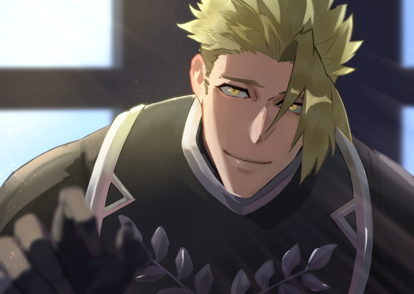 1boy achilles_(fate) armor blurry blurry_foreground closed_mouth fate/apocrypha fate_(series) gauntlets green_hair haruakira highres light_particles looking_at_viewer male_focus mature_male short_hair sideburns sideburns_stubble sidelighting smile solo undercut upper_body window yellow_eyes