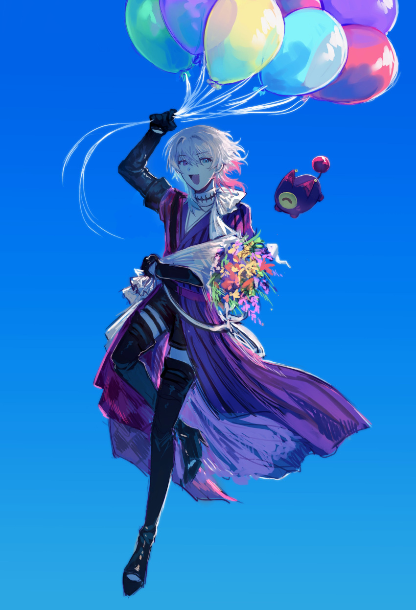 1boy absurdres asymmetrical_clothes balloon black_gloves black_shorts blue_eyes blue_hair blue_sky boots bouquet creature floating full_body gavis_bettel gloves gradient_background grey_hair happy heterochromia high_heel_boots high_heels highres holding holding_balloon holding_bouquet holostars holostars_english looking_at_viewer male_focus multicolored_hair nonsensemanna open_mouth phantom_(gavis_bettel) pink_eyes pink_hair scarf shorts sky solo thigh_boots thigh_strap virtual_youtuber white_hair white_scarf